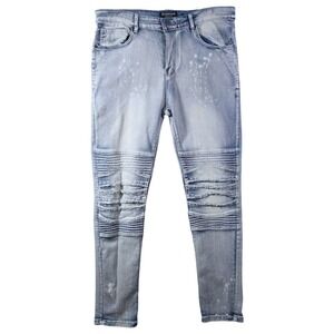 Freehold Denim Factory Mens 36x32 Moto Skinny Jeans Light Wash Splatter Edgy